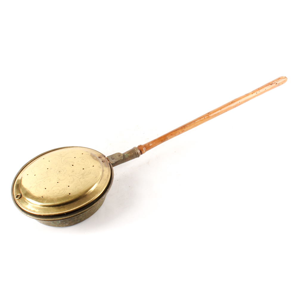 Antique Etched Brass and Wood Bed Warmer