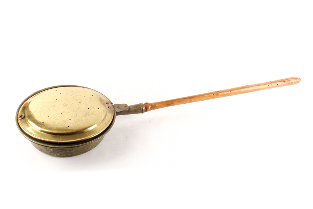 Antique Etched Brass and Wood Bed Warmer