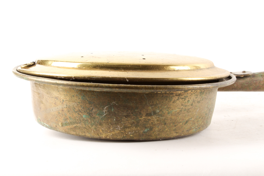 Antique Etched Brass and Wood Bed Warmer