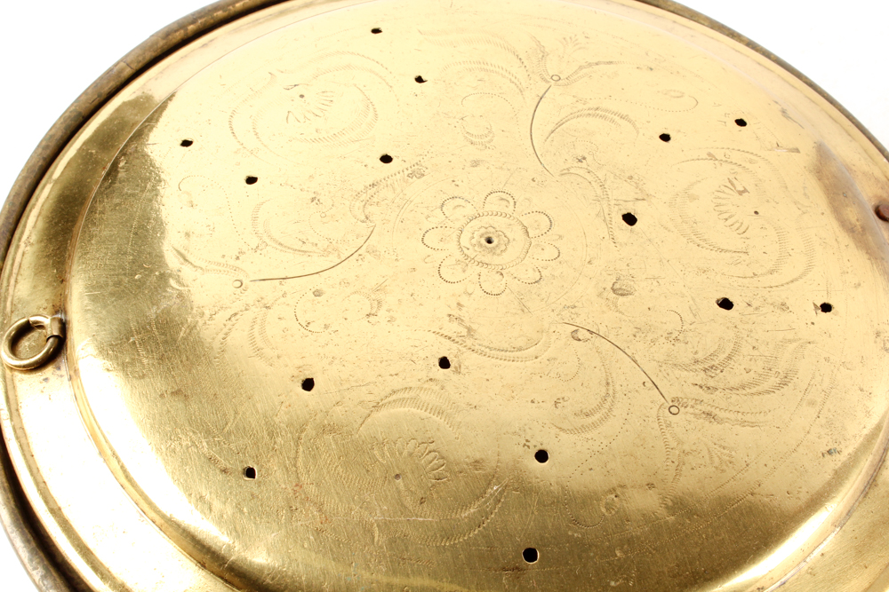 Antique Etched Brass and Wood Bed Warmer