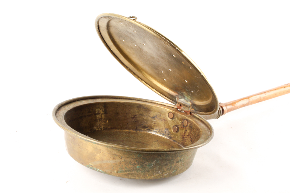 Antique Etched Brass and Wood Bed Warmer