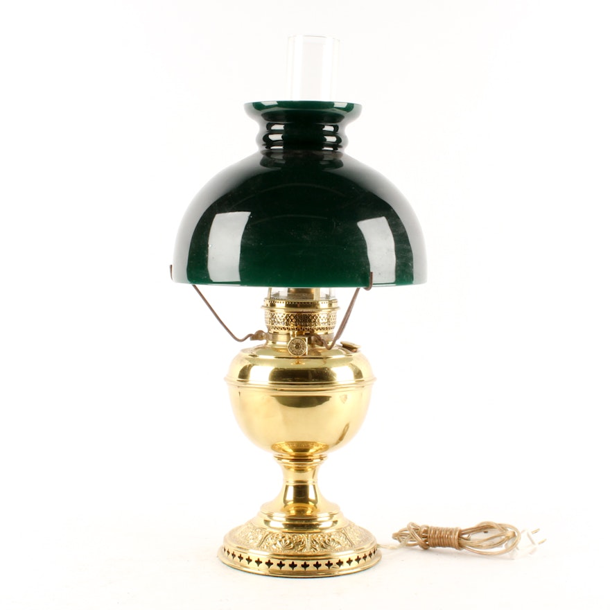 Converted Antique Brass Parlor Lamp with Green Glass Shade