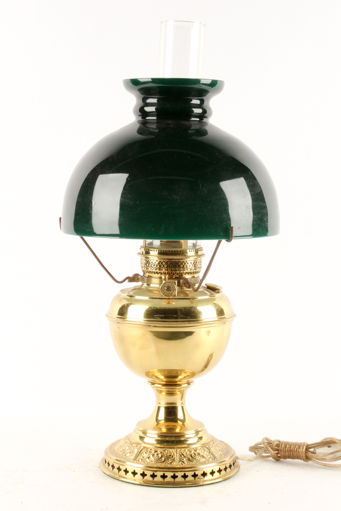 Converted Antique Brass Parlor Lamp with Green Glass Shade