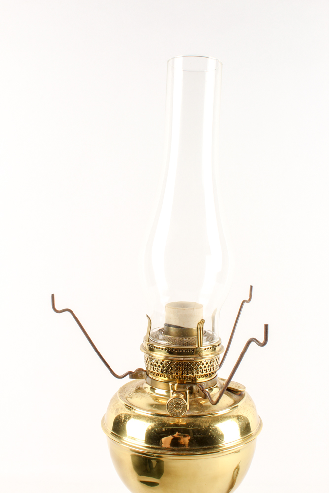 Converted Antique Brass Parlor Lamp with Green Glass Shade