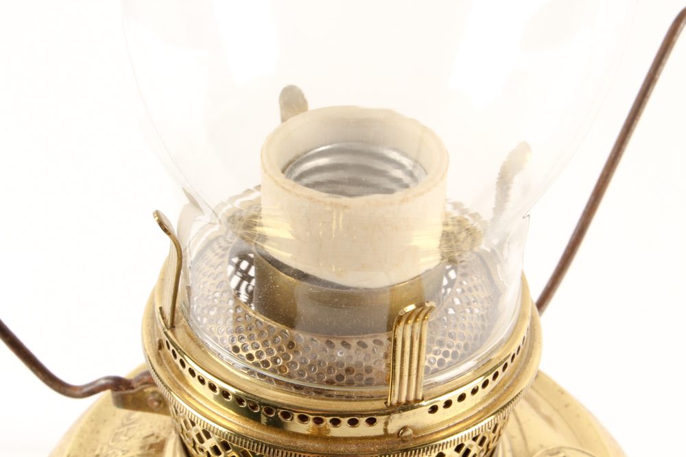 Converted Antique Brass Parlor Lamp with Green Glass Shade