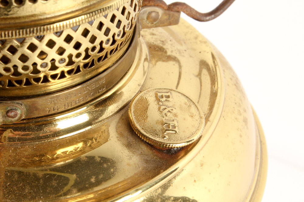 Converted Antique Brass Parlor Lamp with Green Glass Shade