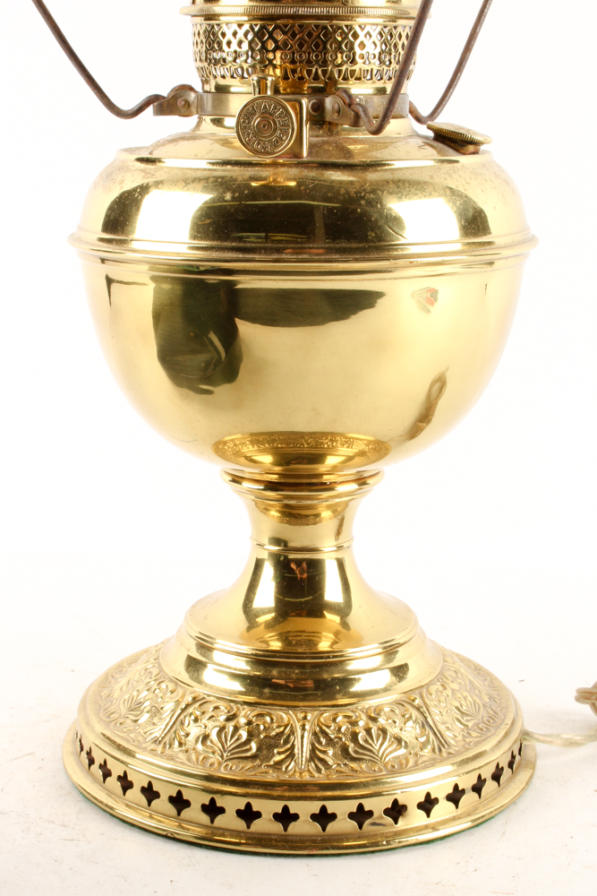 Converted Antique Brass Parlor Lamp with Green Glass Shade