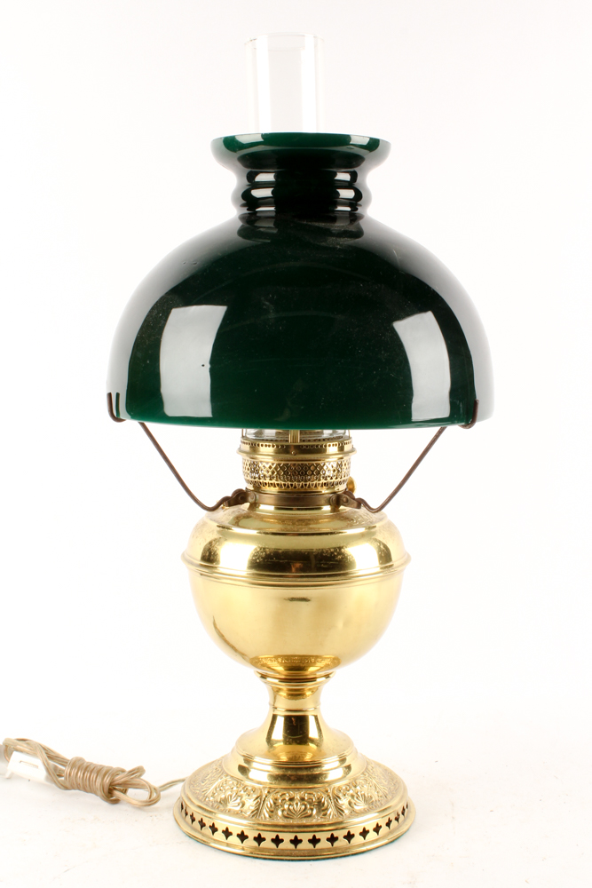 Converted Antique Brass Parlor Lamp with Green Glass Shade