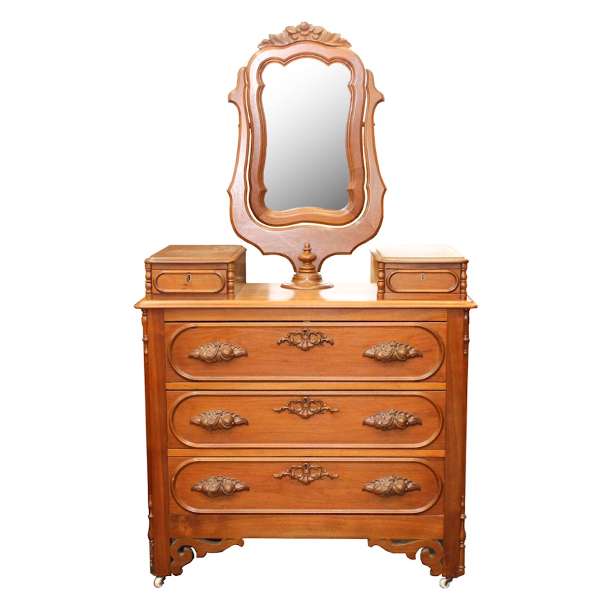 Antique Victorian Walnut Dresser with Swivel Mirror