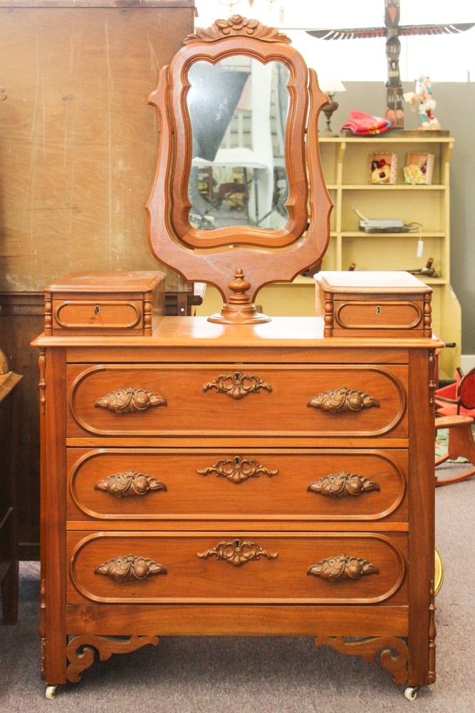 Antique Victorian Walnut Dresser with Swivel Mirror