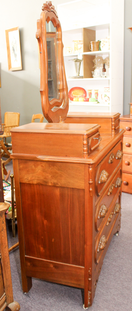 Antique Victorian Walnut Dresser with Swivel Mirror