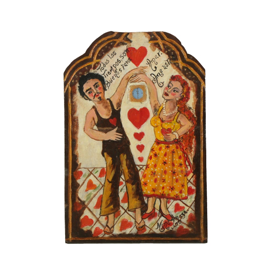 Meme Amaya Acrylic Folk Art Painting on Board of a Couple