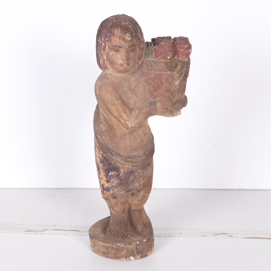 Wood Carved Statue of a Woman with a Basket of Roses