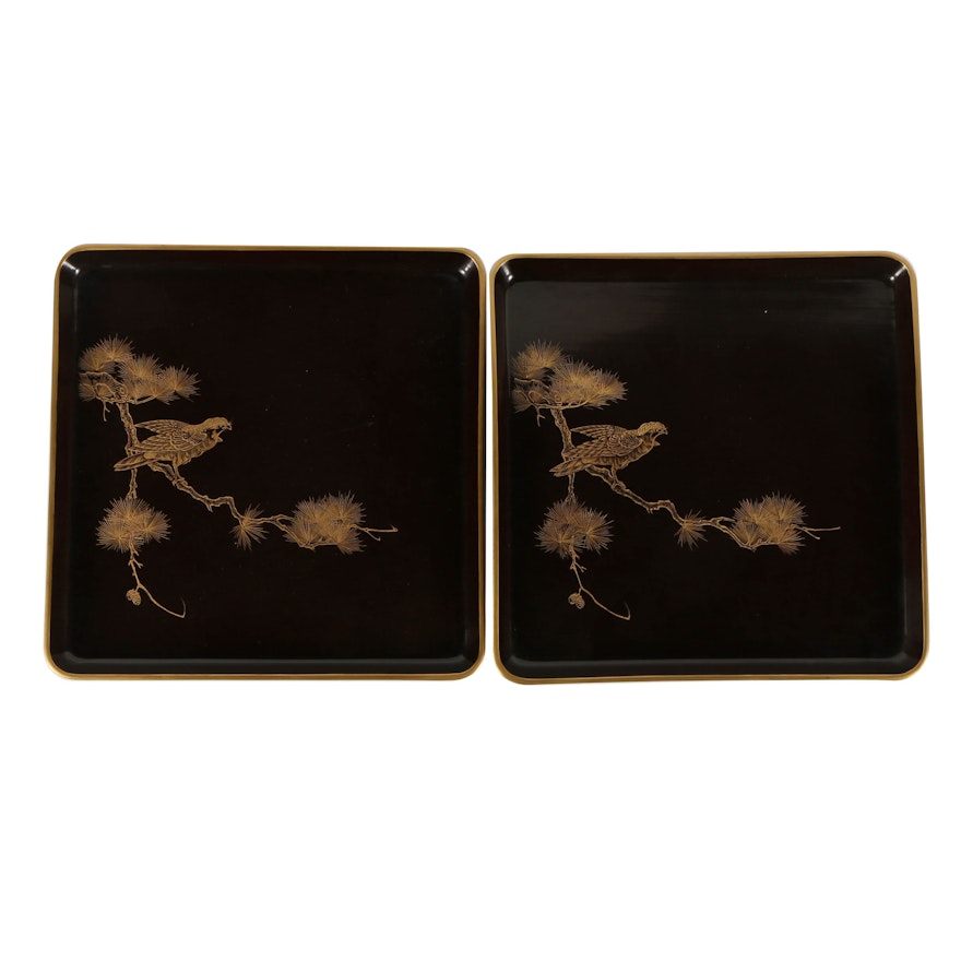 Japanese Lacquered Wood Trays with a Falcon Motif