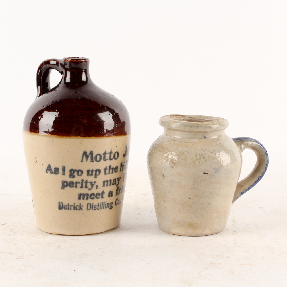 Antique Miniature Detrick Distilling Co. "Motto Jug" and Stoneware Jug