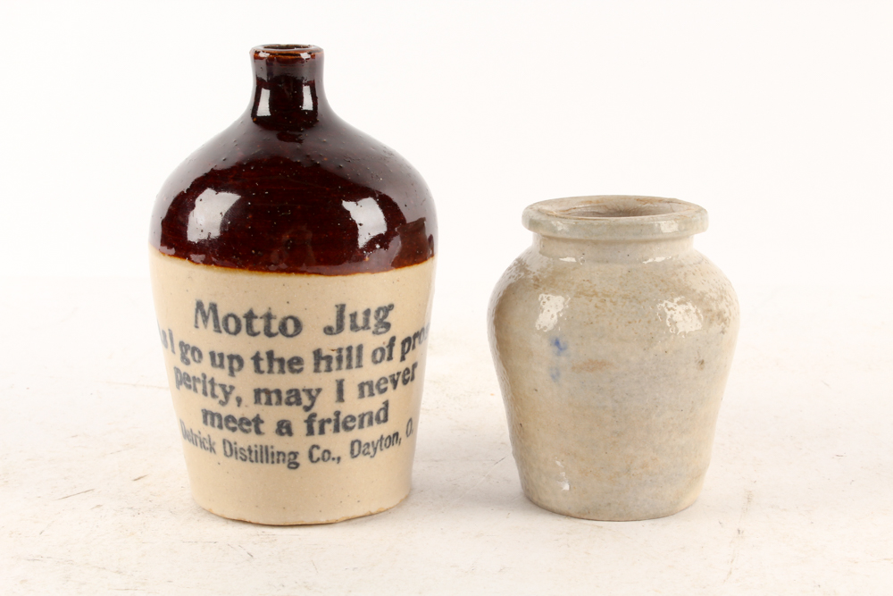 Antique Miniature Detrick Distilling Co. "Motto Jug" and Stoneware Jug