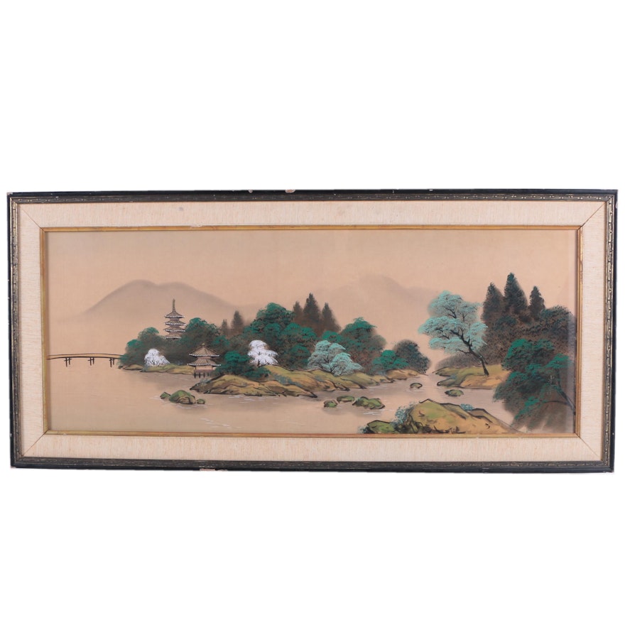 East Asian Style Gouache Painting on Silk Landscape