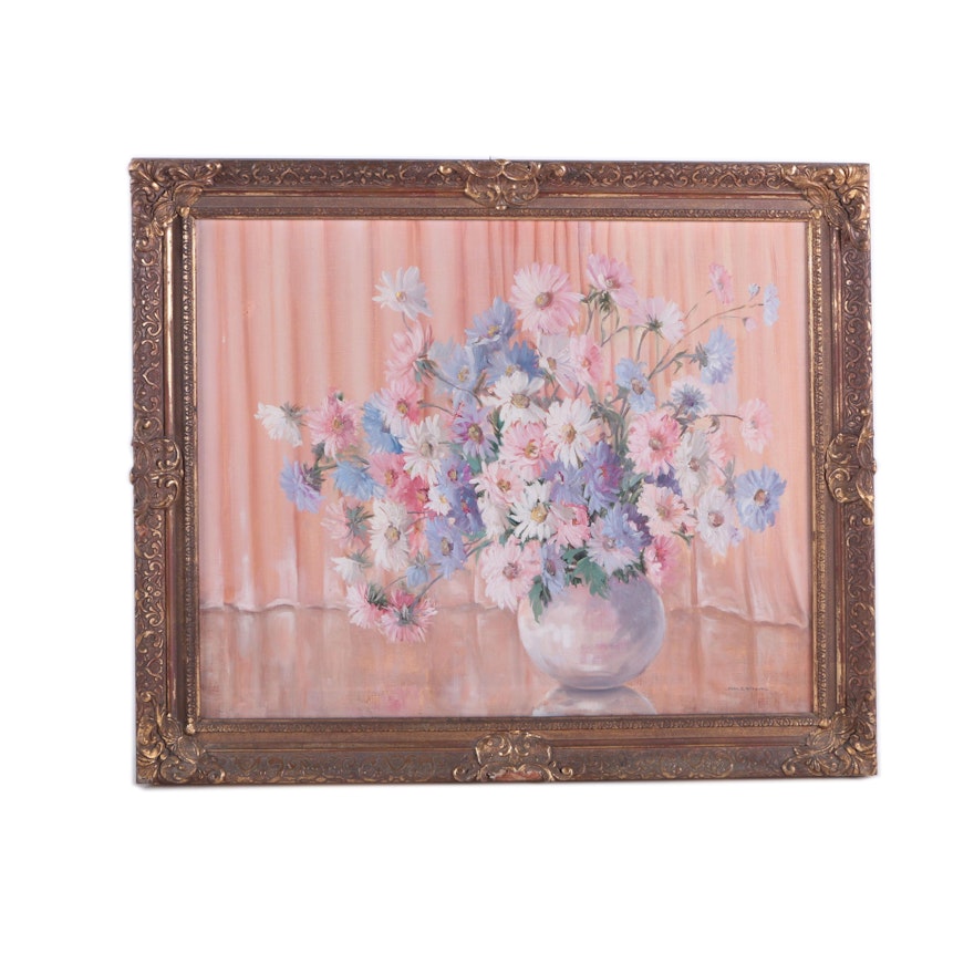 Vintage Oil Painting on Canvas of a Floral Still Life