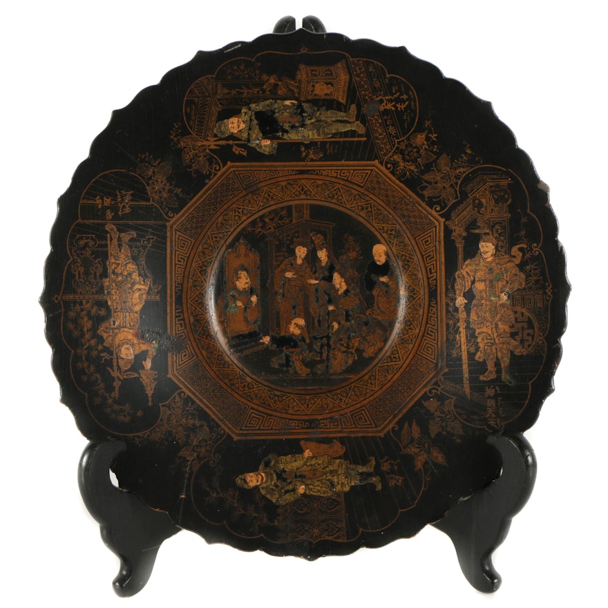 Japanese Lacquered Wood Plate with Feudal Era Scene