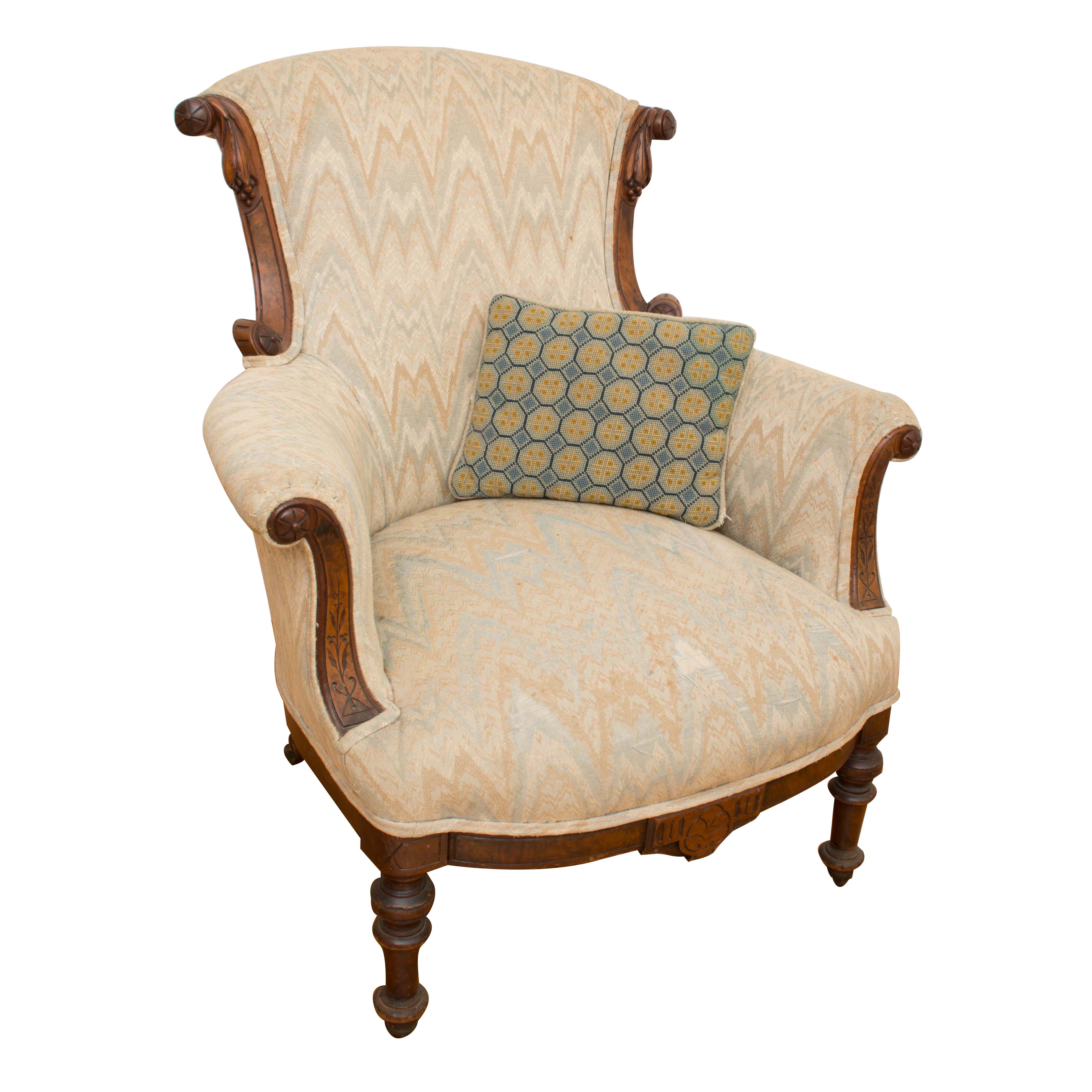 Antique Wingback Chair With Exposed Walnut Frame