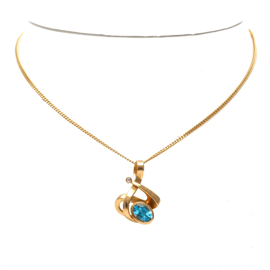 14K Yellow Gold Blue Topaz and Diamond Pendant Necklace