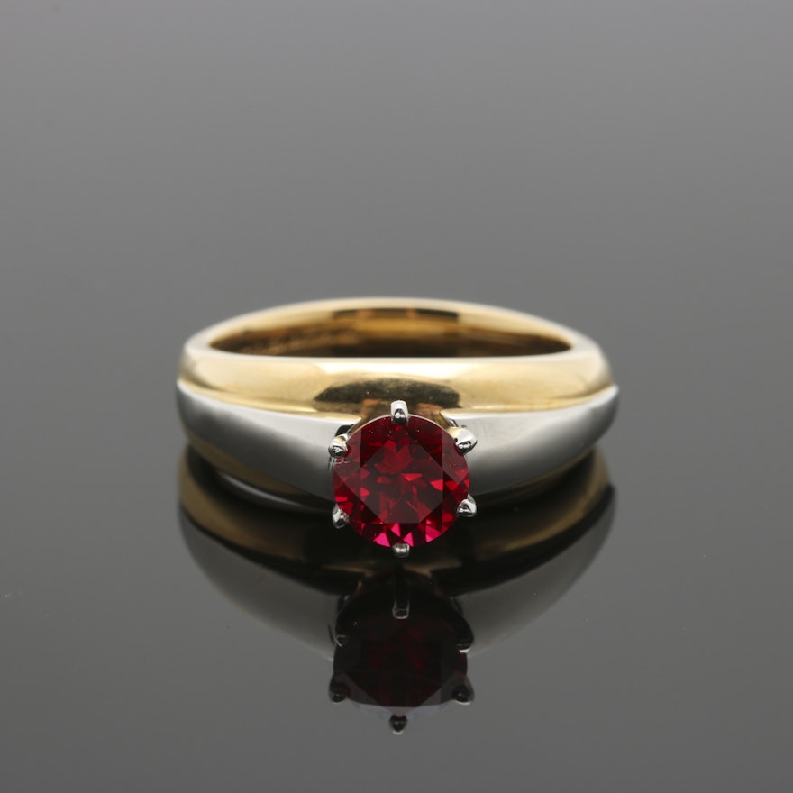 18K Yellow Gold Ruby Ring with Platinum Accents