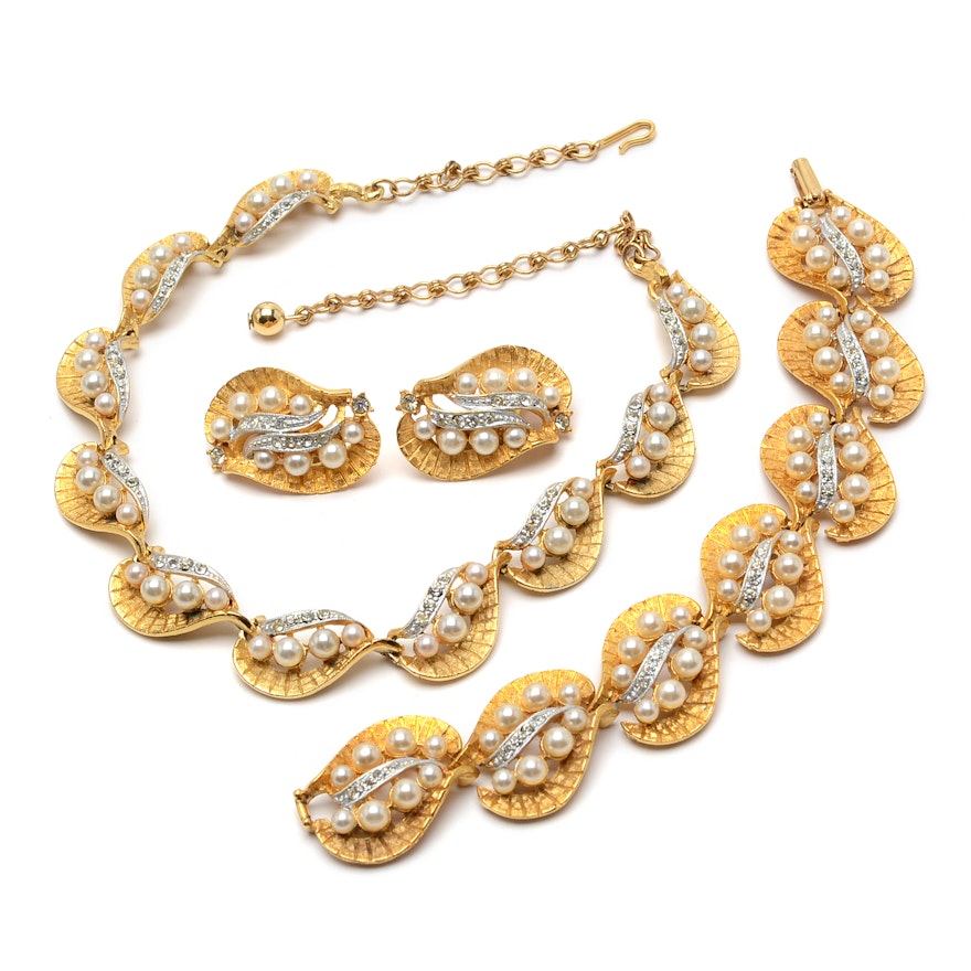 Vintage BSK Gold-Tone Rhinestone and Faux Pearl Three-Piece Jewelry Set