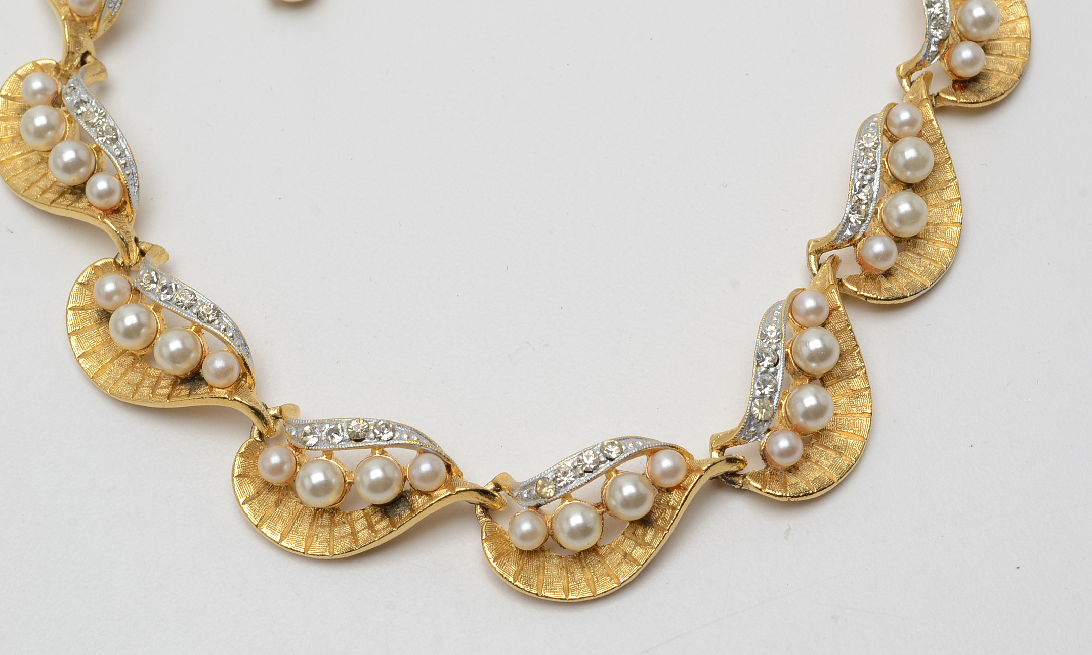 Vintage BSK Gold-Tone Rhinestone and Faux Pearl Three-Piece Jewelry Set