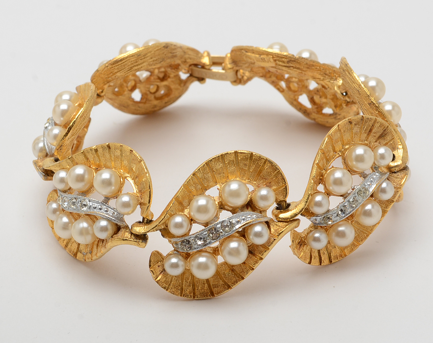 Vintage BSK Gold-Tone Rhinestone and Faux Pearl Three-Piece Jewelry Set