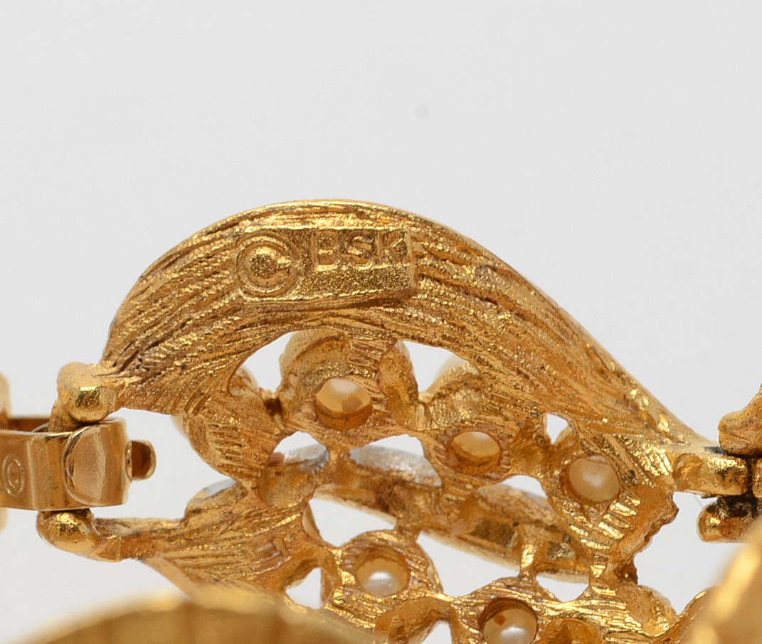 Vintage BSK Gold-Tone Rhinestone and Faux Pearl Three-Piece Jewelry Set