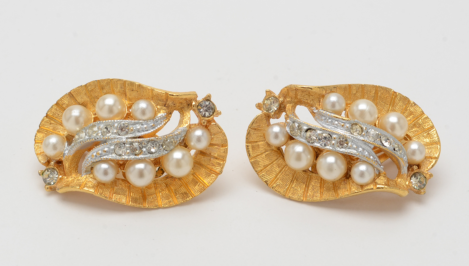 Vintage BSK Gold-Tone Rhinestone and Faux Pearl Three-Piece Jewelry Set