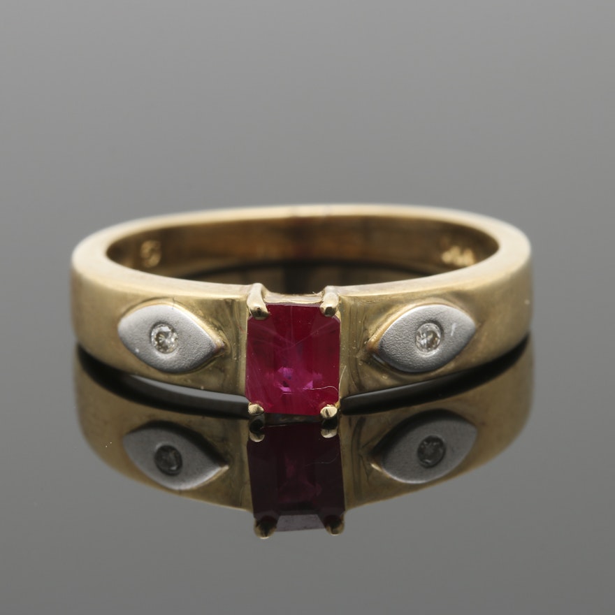 14K Two Tone Gold Ruby and Diamond Ring