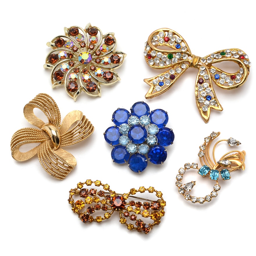 Collection of Six Rhinestone Costume Brooches