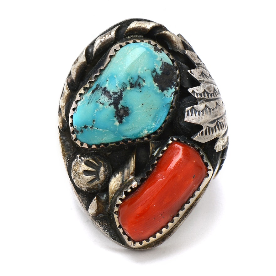 P. Padilla Navajo Silver Coral Turquoise Ring