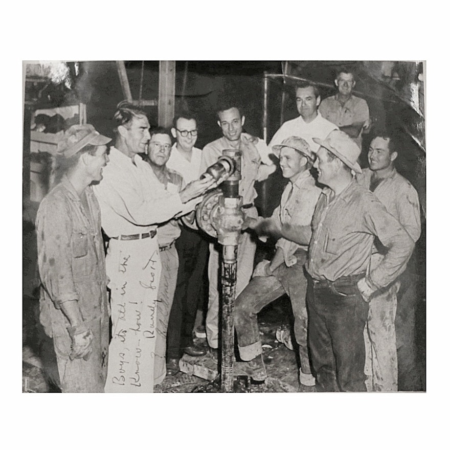 Vintage Black and White Photograph of Oil Rig Workers Signed by Randolph Scott