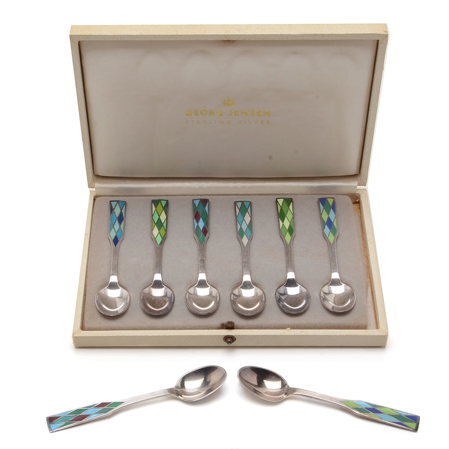 Vintage Georg Jensen Sterling Silver Demitasse Spoon Set with Enameled Handles