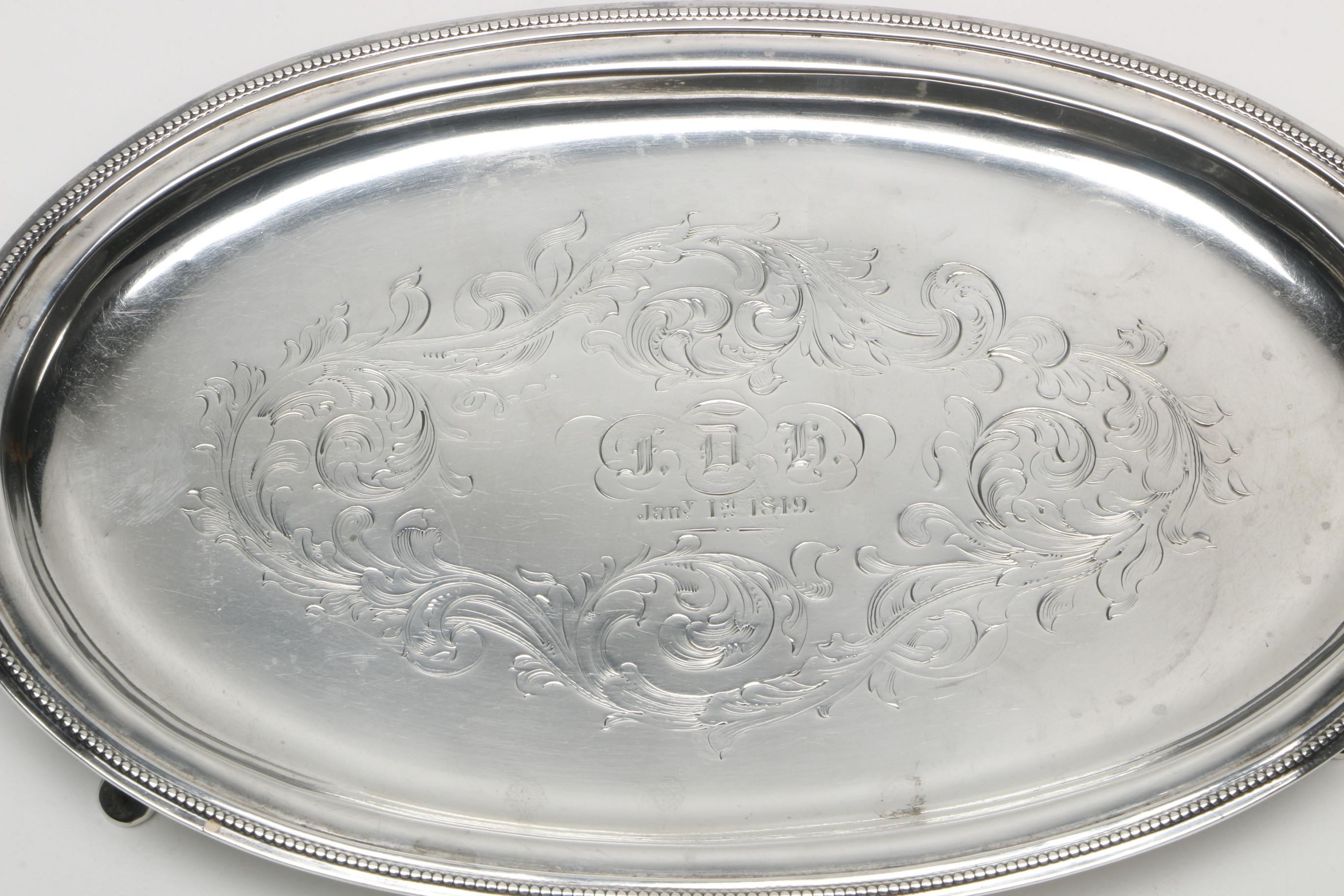 Antique Engraved Sterling Silver Salver with Beaded Rim