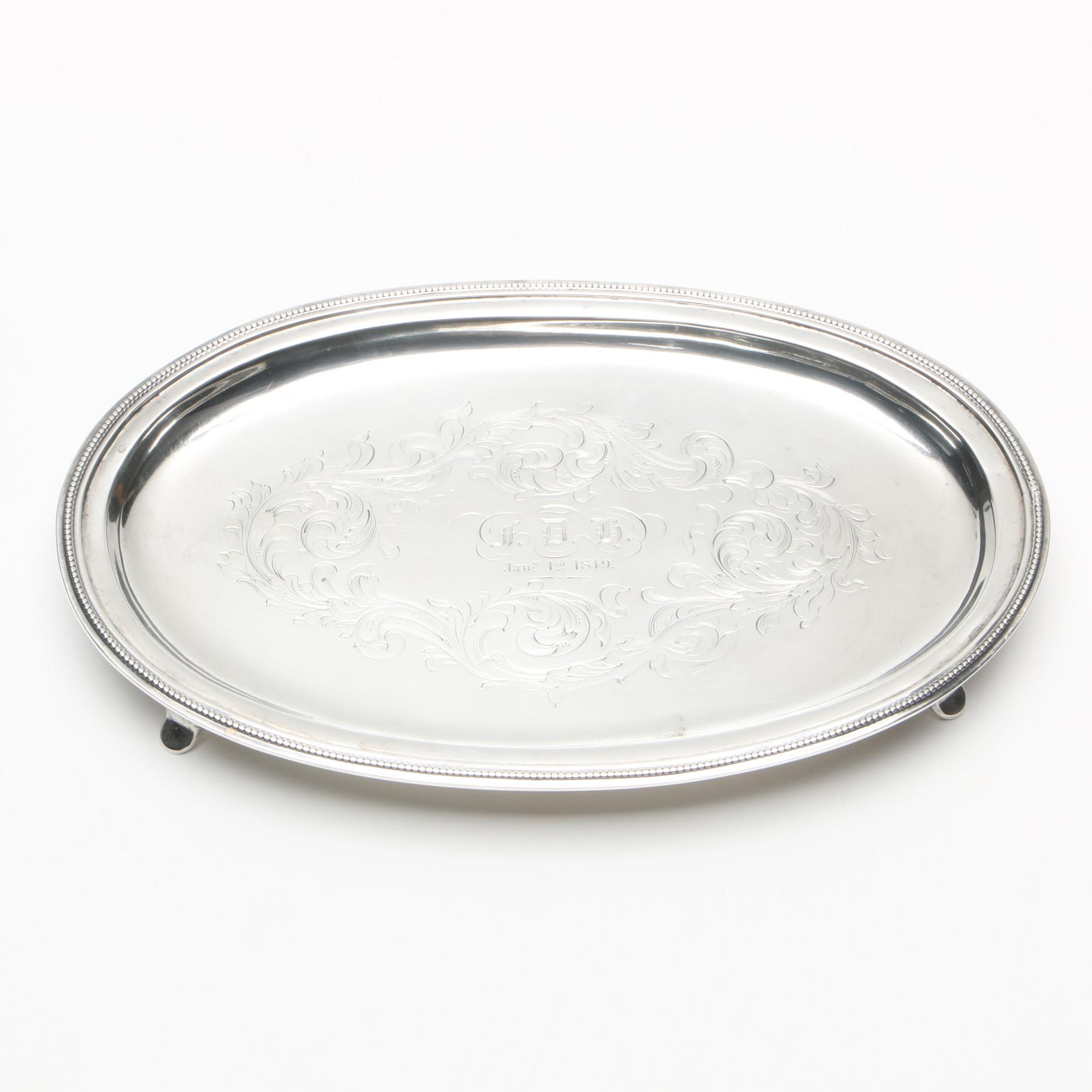 Antique Engraved Sterling Silver Salver with Beaded Rim