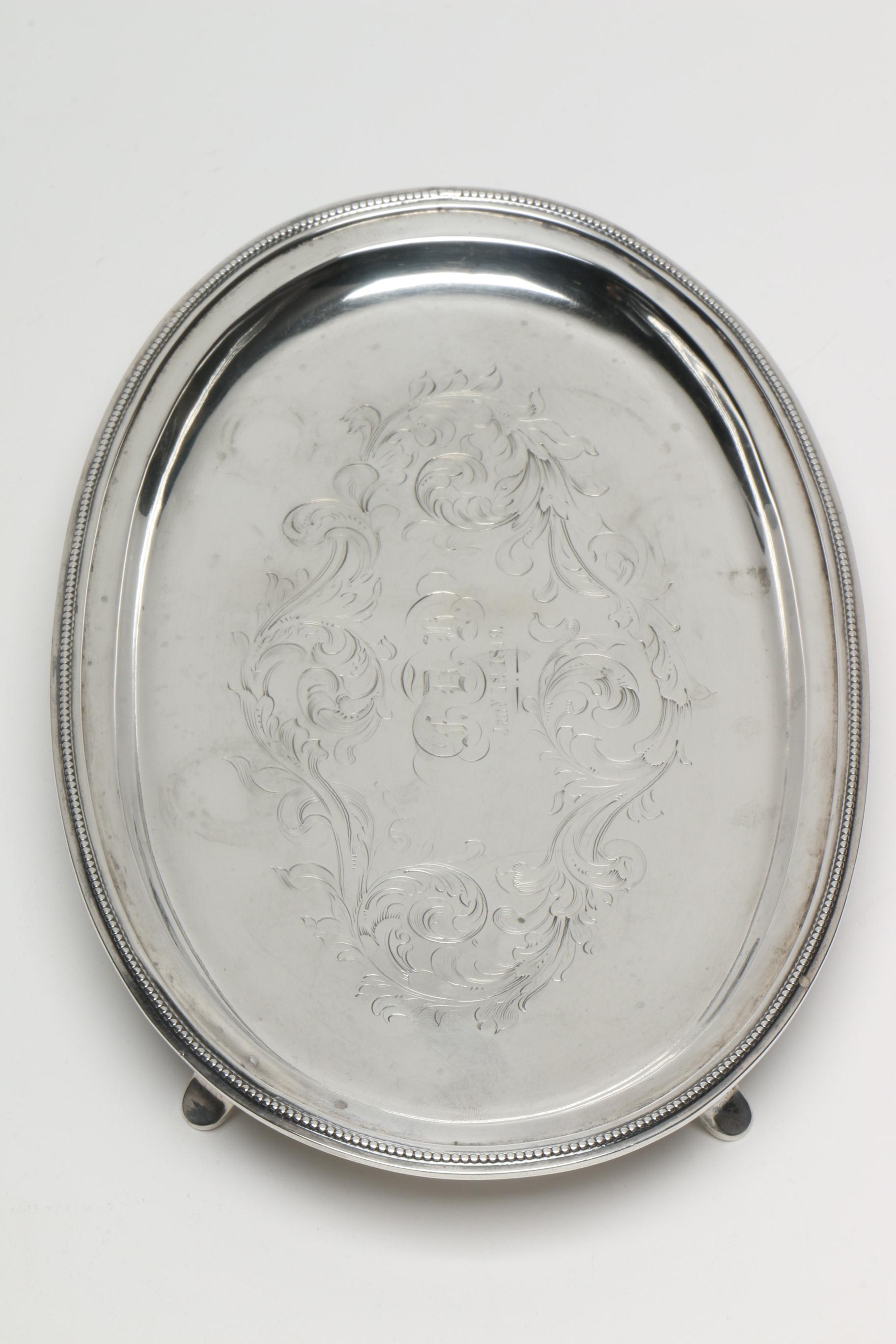 Antique Engraved Sterling Silver Salver with Beaded Rim