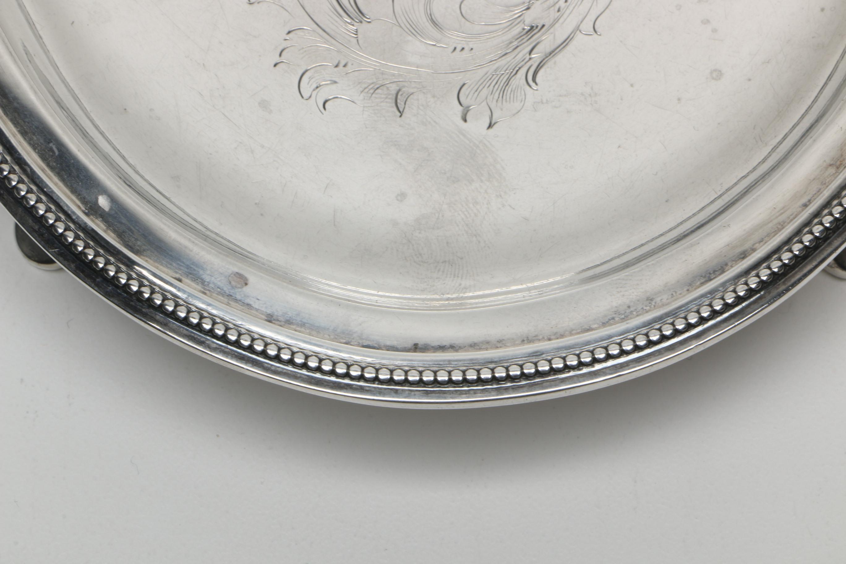 Antique Engraved Sterling Silver Salver with Beaded Rim