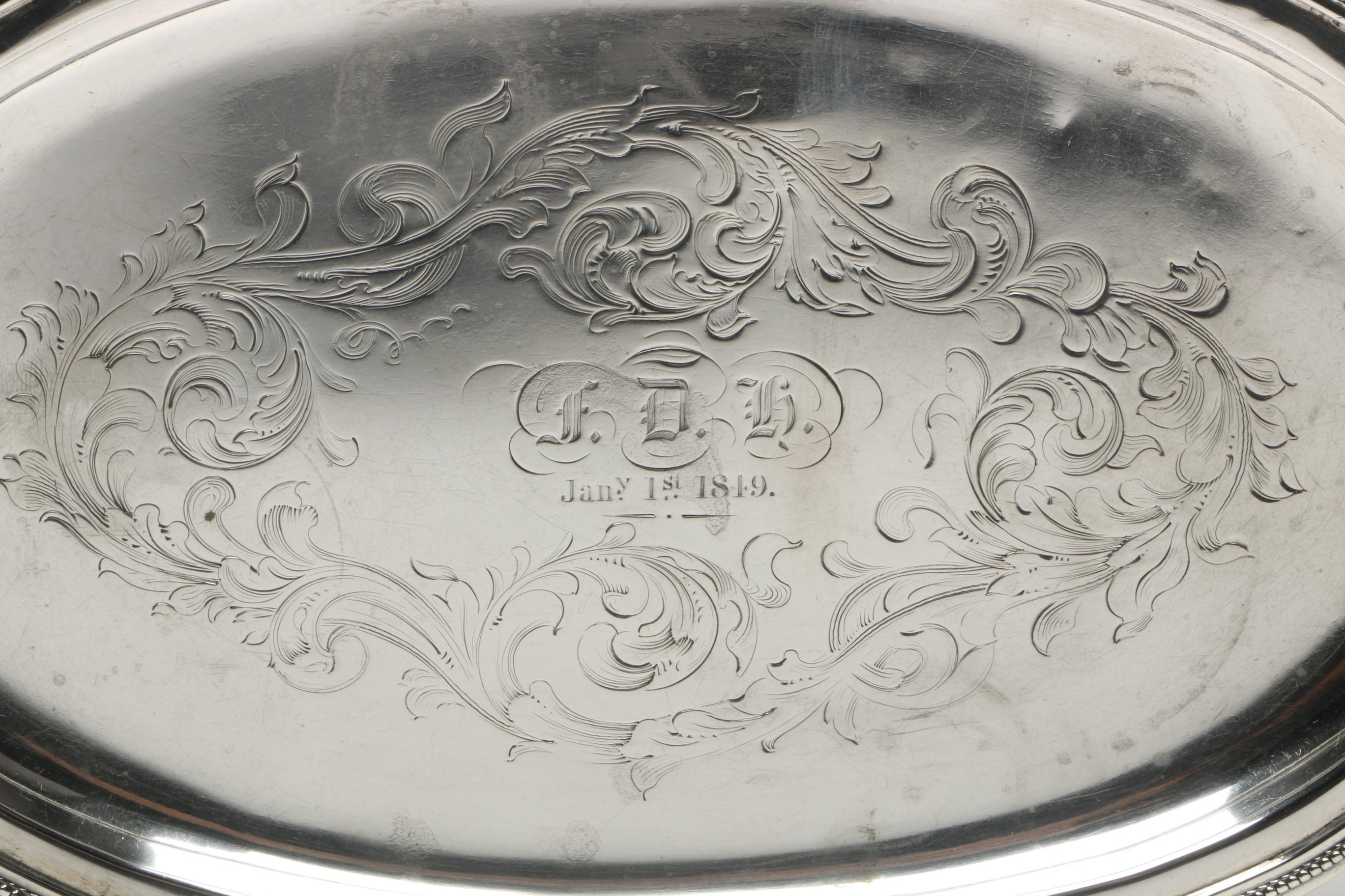 Antique Engraved Sterling Silver Salver with Beaded Rim