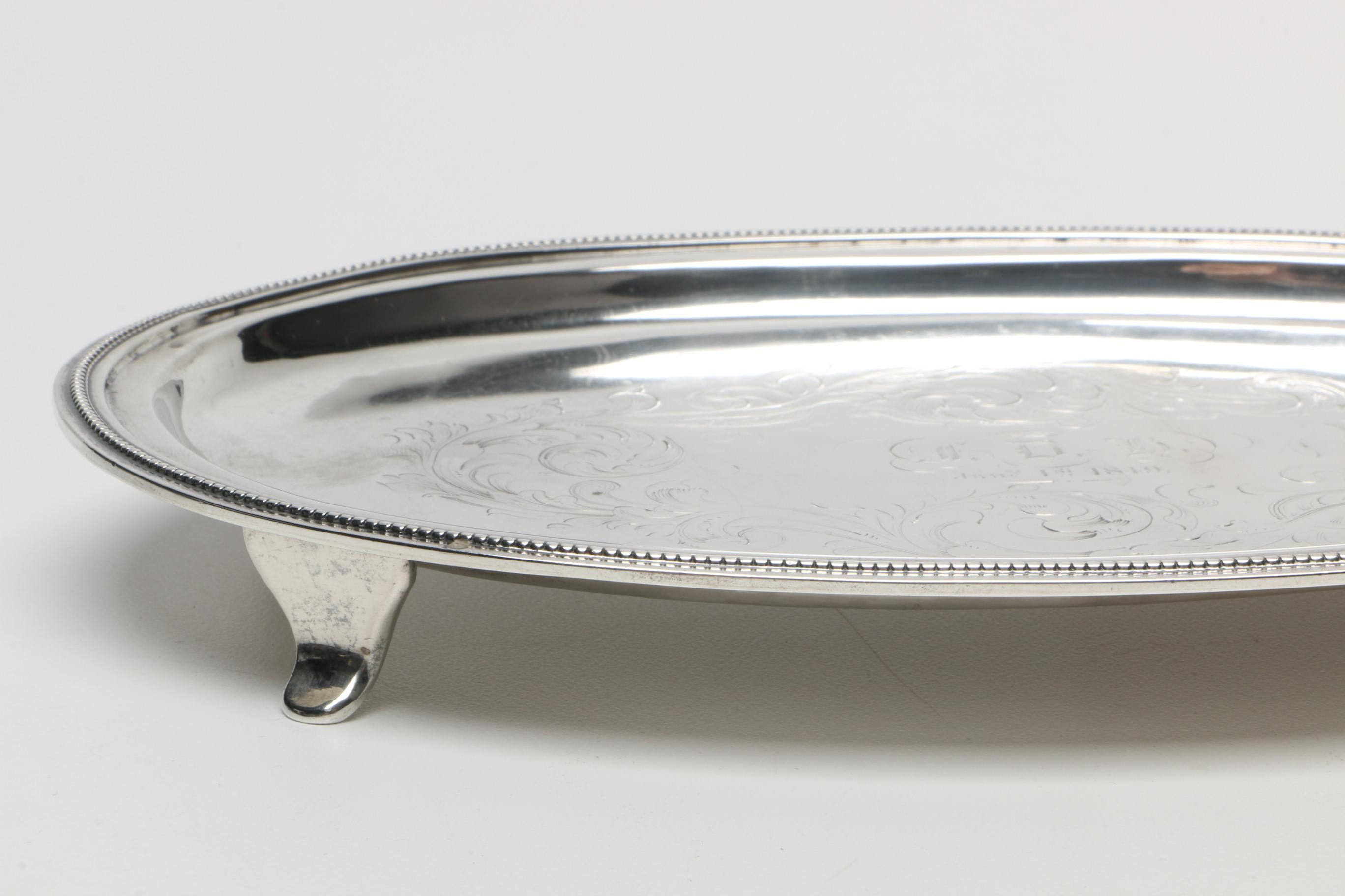 Antique Engraved Sterling Silver Salver with Beaded Rim