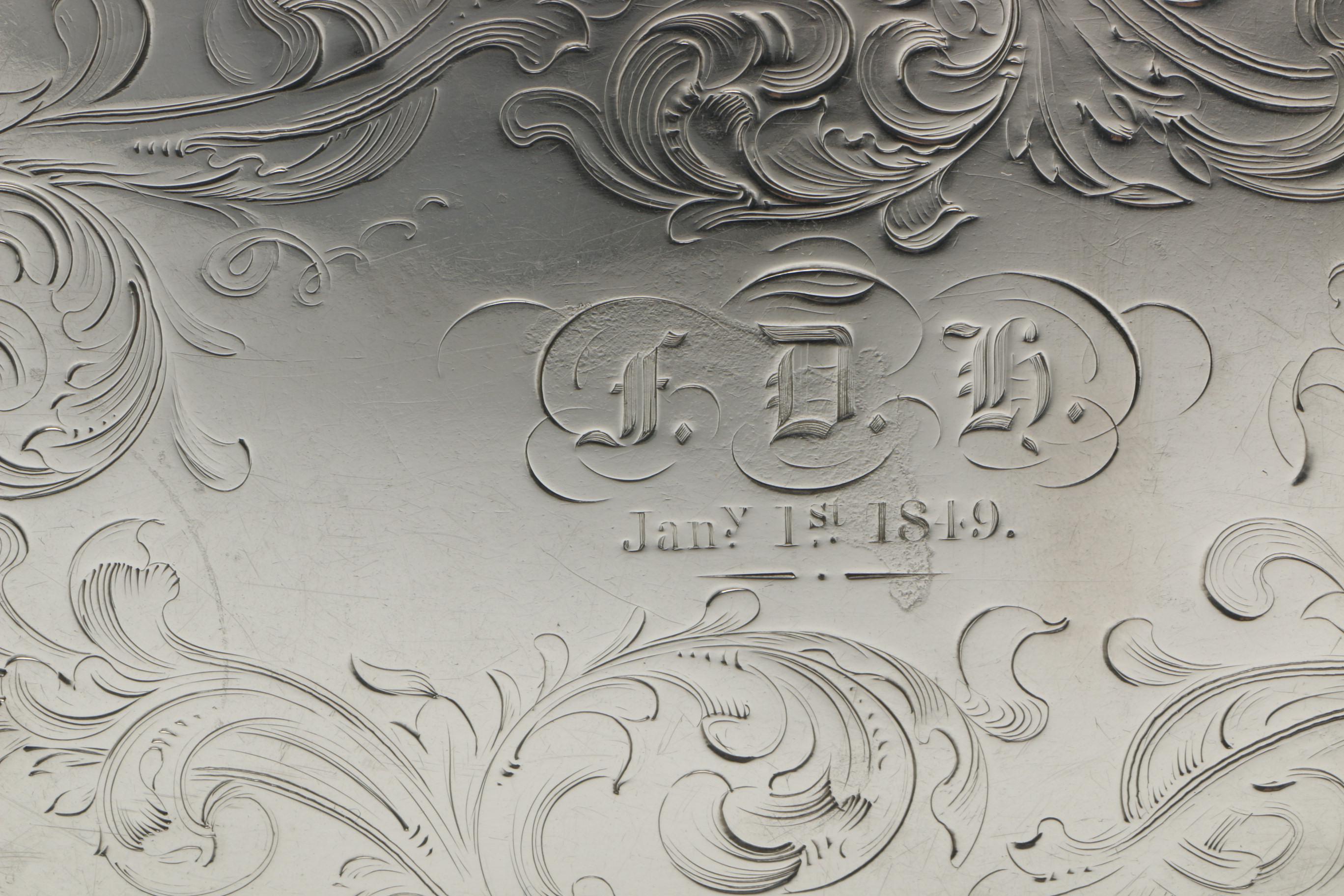 Antique Engraved Sterling Silver Salver with Beaded Rim