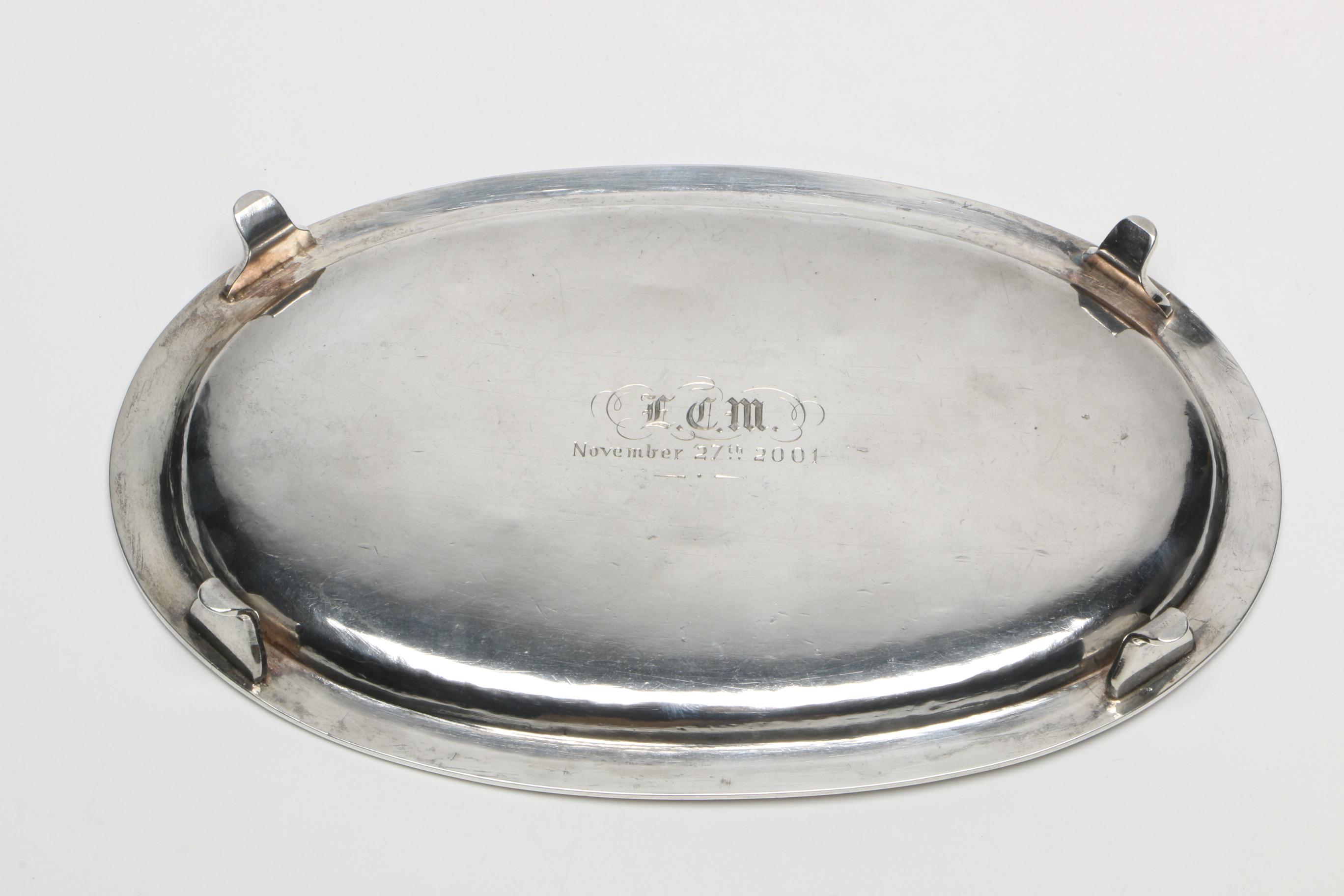 Antique Engraved Sterling Silver Salver with Beaded Rim