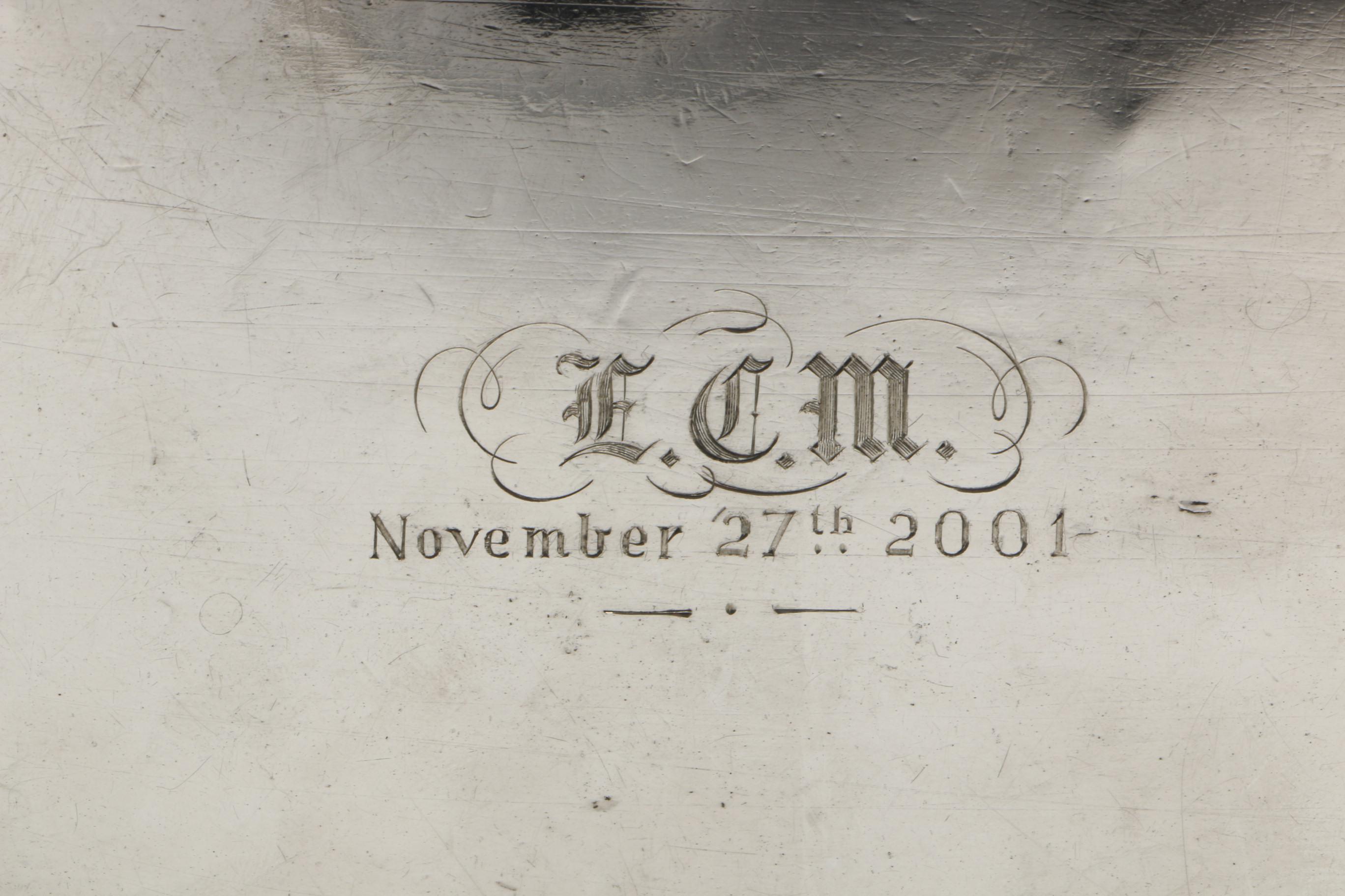 Antique Engraved Sterling Silver Salver with Beaded Rim