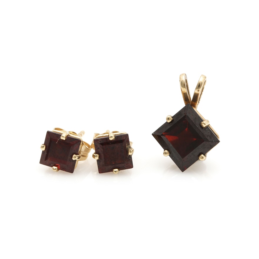 14K Yellow Gold Garnet Earrings and Solitaire Pendant