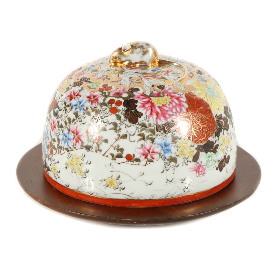 Japanese Porcelain Cloche with Wooden Base