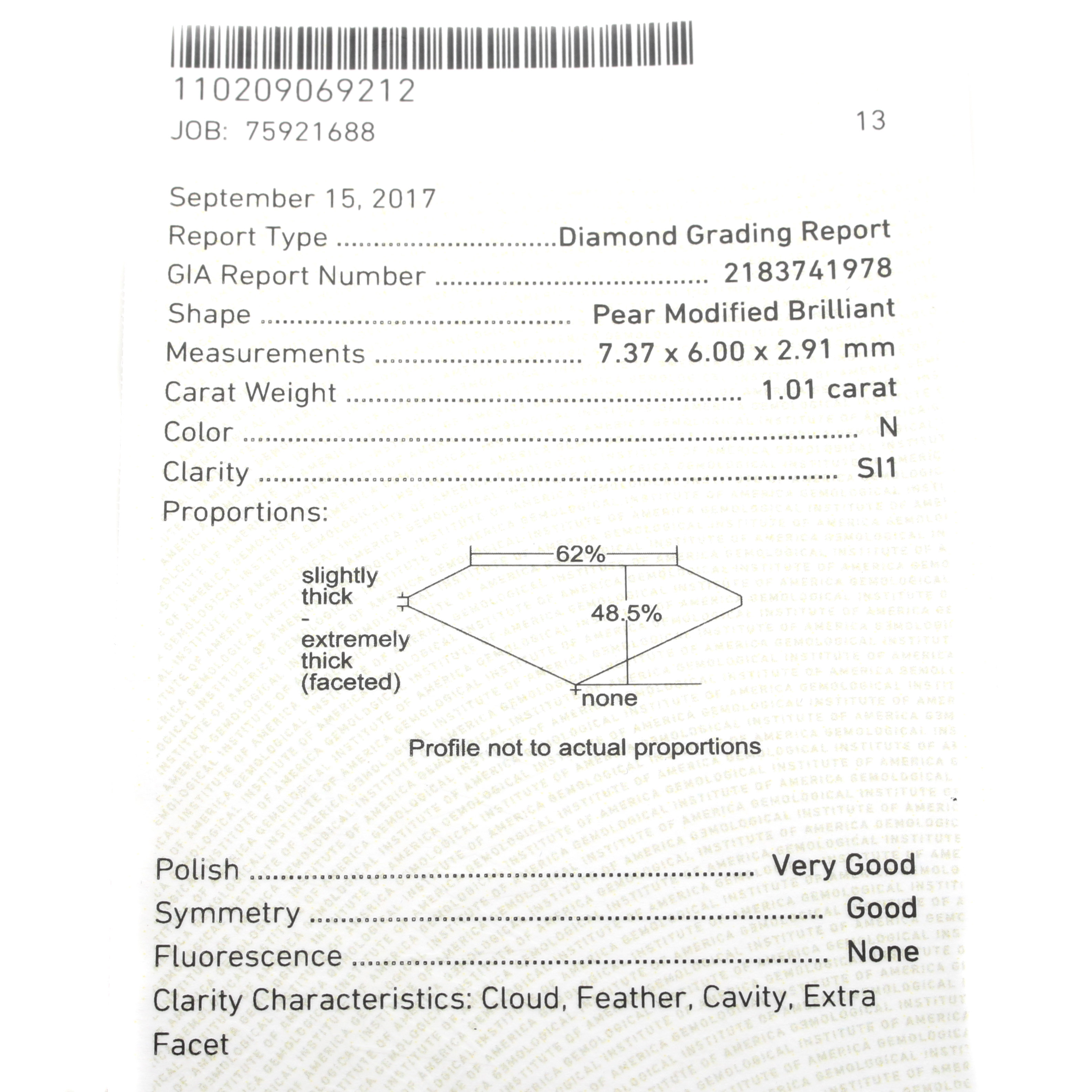Loose 1.01 Carat Pear Cut Diamond With GIA Report