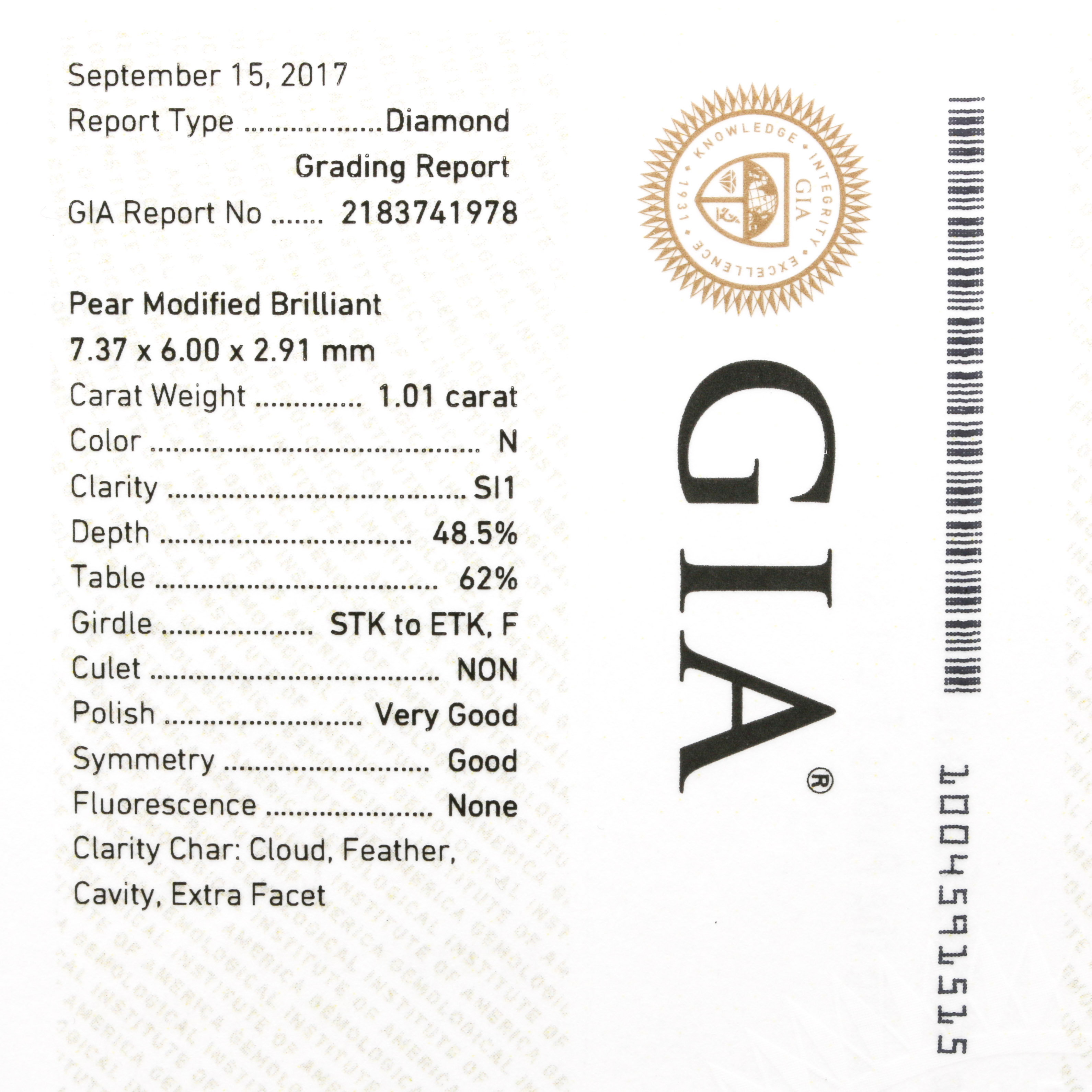 Loose 1.01 Carat Pear Cut Diamond With GIA Report