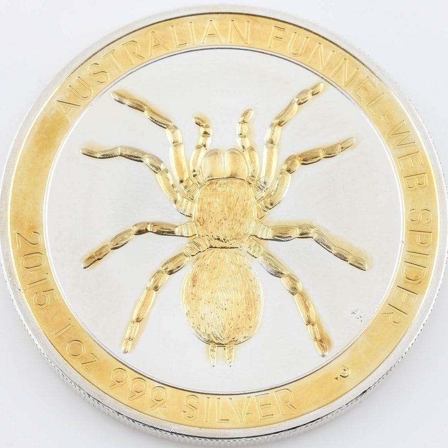 2015 Australia $1 Silver Funnel Web Spider Coin with Gold Highlights